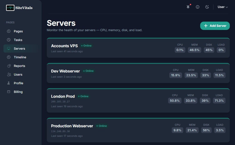 Screenshot showing server dashboard