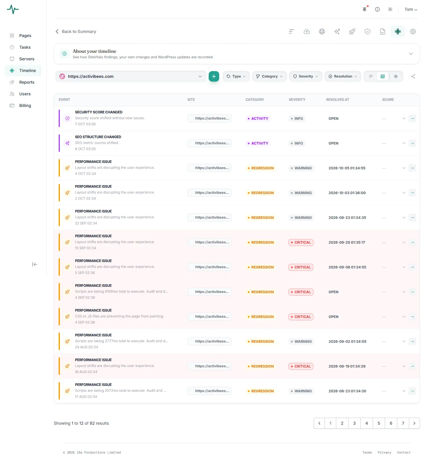 SiteVitals events timeline