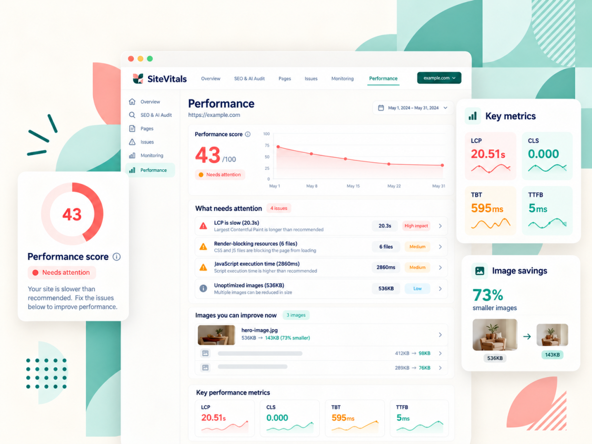 What does SiteVitals check in its Performance report?